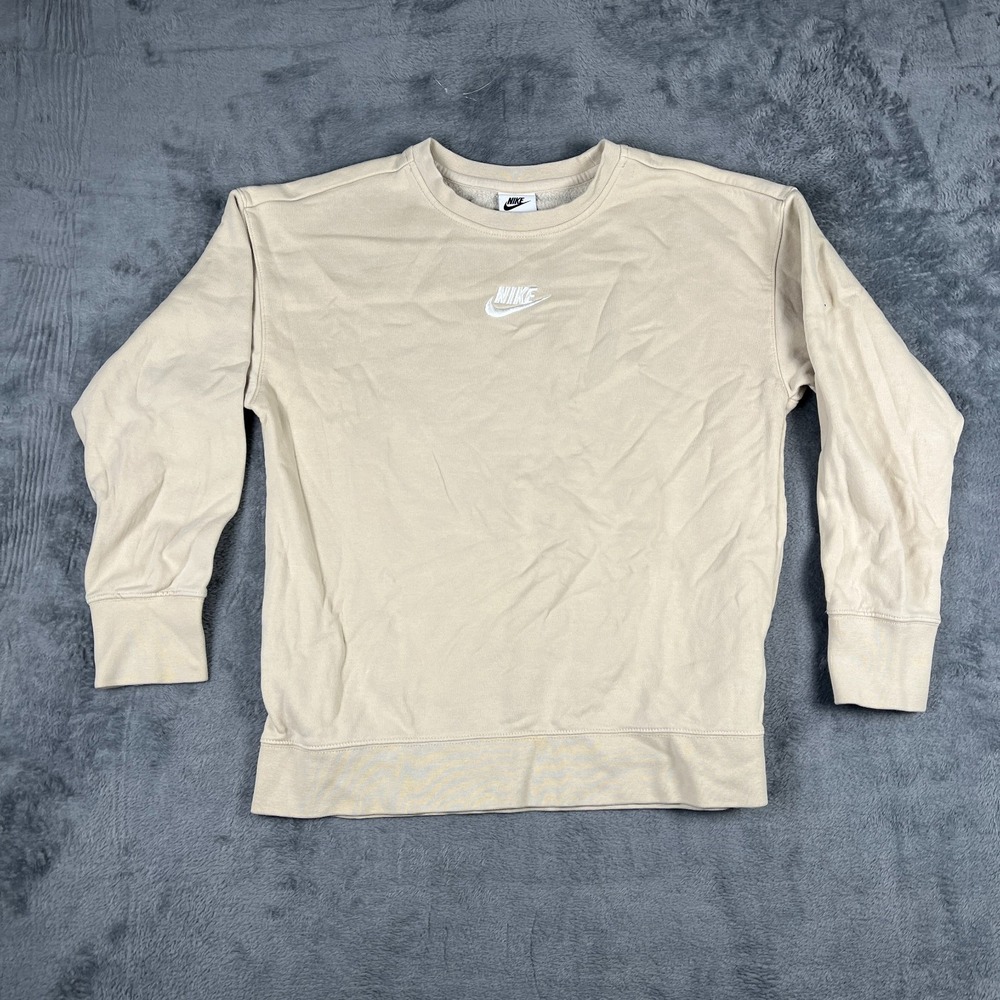 Nike Sweatshirt Womens Large Beige Fleece Lined Crew Neck Swoosh Logo Pullover